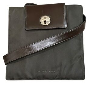 BVLGARI Vintage Shoulder Bag Brown Leather Trim Green Nylon Silver Hardware